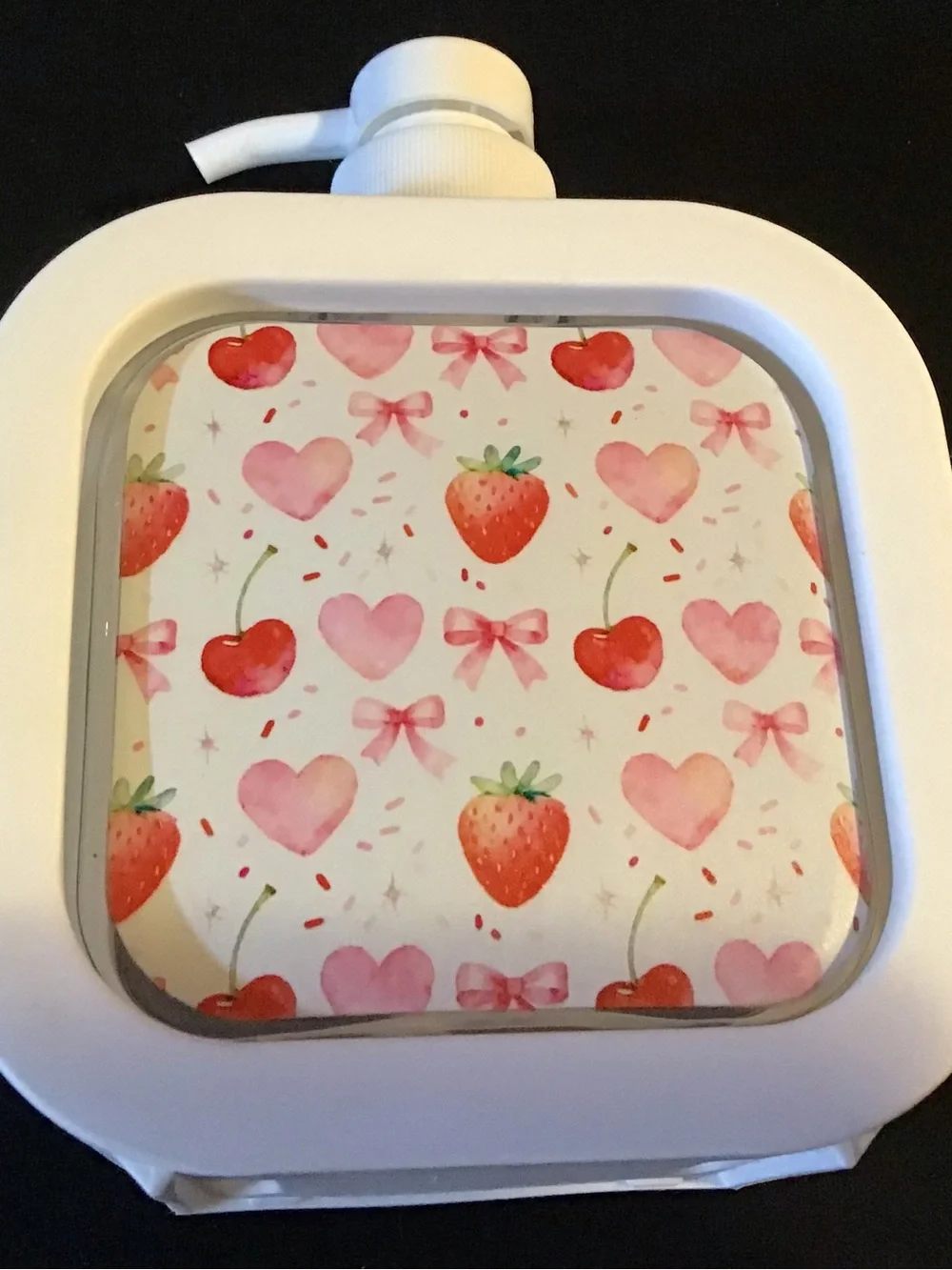 White Pump Bottle with Pink Strawberry & Heart Print